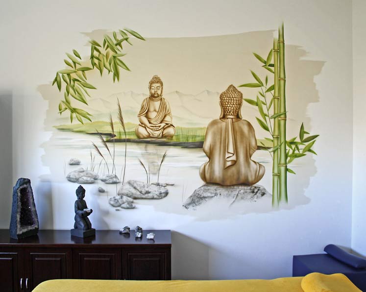 Landschaft mit Bambus und Fluss, an dem ein Buddha sitzt