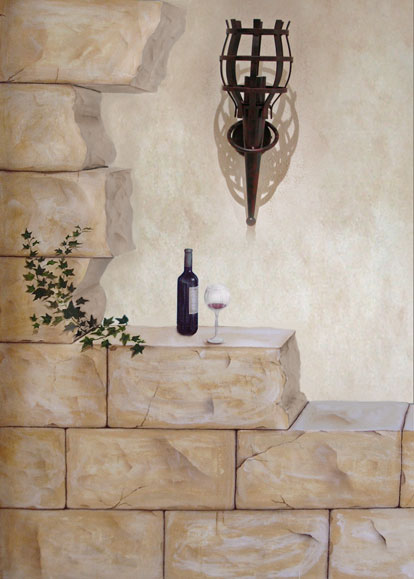 Gemalte Mauersteine mit Weinflasche und Weinglas